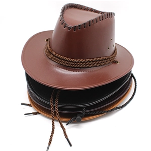 Chapeau De Cowboy Occidental PU Similicuir Bord Large Rétro Ethnique Brillant Avec Corde Tressée Sangle Réglable