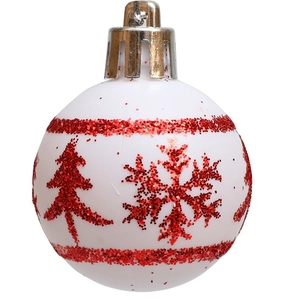 White Christmas ornaments with red glitter trees and snowflakes on a clean white background