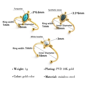 Vintage 18K gold-plated stainless steel open rings set with natural turquoise and stone