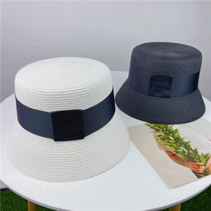 Women Woven Straw Bucket Hat With Grosgrain Ribbon Bow Flat Top Sun Protection Beach Vacation Style