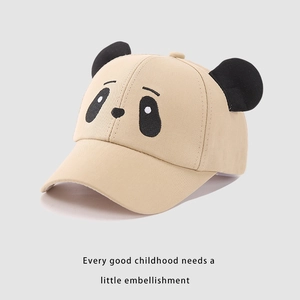 Detail of cute panda face design and 3D black ears on light beige kids baseball cap