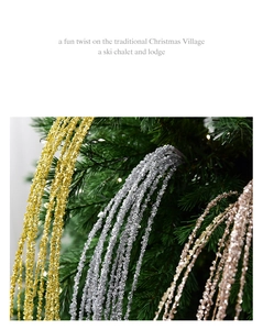 Detailed view of 90cm glitter sequin fringe spray on a green Christmas tree