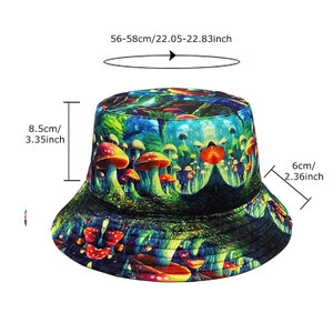 Reversible bucket hat with magic mushroom forest print and sun protection feature