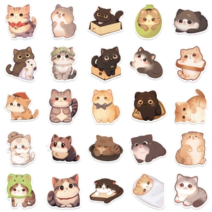 Set of 50 cute cat doodle stickers for laptops and water bottles in a 5x5 grid layout