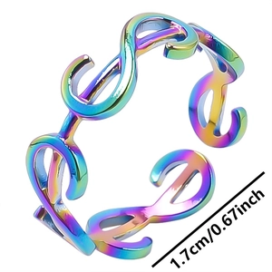 Detail showing rainbow stainless steel infinity ring with 1.7cm inner diameter size label