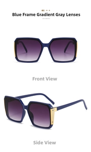 Detail of square blue sunglasses with gradient grey lenses and golden metal hinge design
