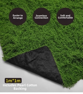 Detail view of 1x1m artificial moss turf with soft green flocking and black EPE foam backing