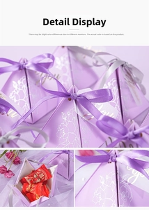Macro detail of pyramid candy gift box with purple silk ribbon and floral print