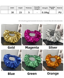Produktdaten und sechs Metallic-Farben für die plissierte Cloud-Handtasche aus PU