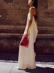 Elegant backless maxi dress in cream and red abstract ink print for summer events