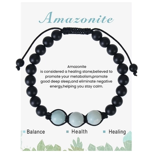 Detailed macro view of 8mm matte black beads and blue amazonite on an elastic woven bracelet