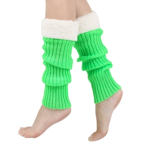 Detail of green ribbed knit leg warmers with thick white faux fur trim and soft texture