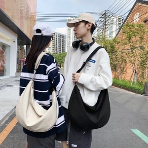 Minimalist large oxford canvas crossbody bag for outdoor casual wear in black and beige