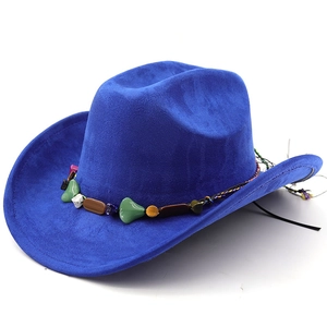 Detail of royal blue felt fedora featuring a colorful turquoise beadwork ethnic hat band