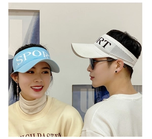 Detail of blue and white knitted sun visors with SPORT lettering shown on models