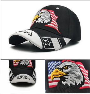 Detailed embroidery of US flag and eagle on black cotton baseball cap with USA lettering