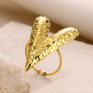 Textured 18K gold plated heart ring with hammered design and braided open band style