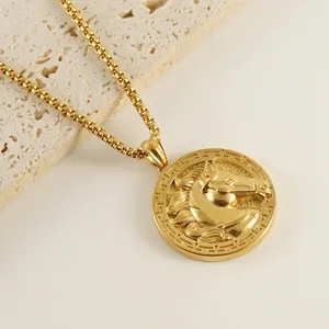 Horse Head Pendant Necklace 3D Relief Stainless Steel 18K Gold Plated Greek Key Pattern Hip Hop Men Jewelry