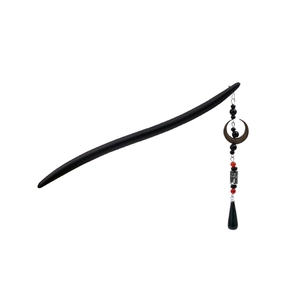 Ancient style black wooden hairpin with crescent moon pendant and colorful tassels