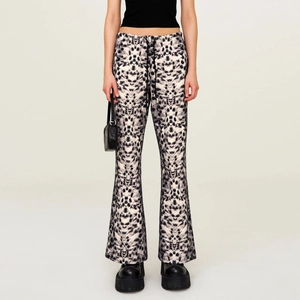 Leopard Print Flare Pants Women Cotton High Waist Wide Leg Casual Streetwear Trousers Drawstring