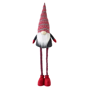 Christmas gnome plush ornament with long striped legs and Nordic knitted hat on white background