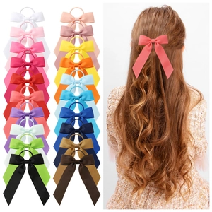 Chouchou Nœud En Ruban Gros-Grain Avec Longs Rubans Couleur Unie Élastiques Queue De Cheval Pour Femmes Filles