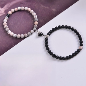 Magnetic couples bracelets with 6mm natural stone beads and heart-shaped connecting clasp