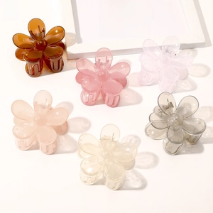 Detailed view of six candy-colored flower hair claws in resin with metal springs