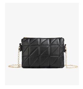 Close-up of black quilted PU leather crossbody bag with golden chain and zipper details