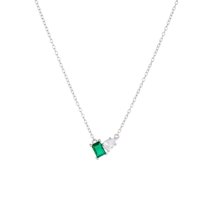Detail view of S925 silver necklace with emerald cut green stone and pear shaped zircon