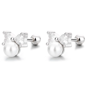Elegant S925 silver bow stud earrings with heart cubic zirconia and white pearls