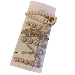 Elegant gold hair clip set with faux pearls and rhinestones, six pieces for women