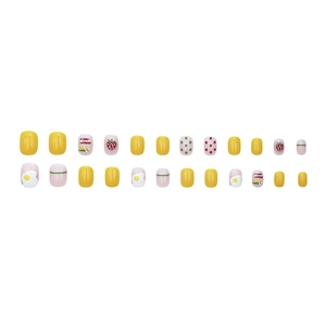 Short square press-on nails set with cute yellow lemon and strawberry cartoon patterns