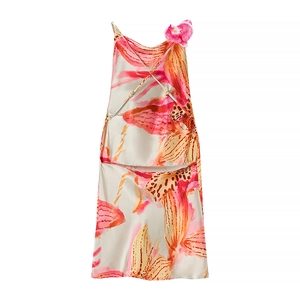 Mini robe en satin à imprimé floral et décoration d'orchidée rose dans les tons orange