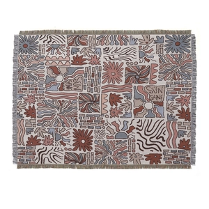 Bohemian sun shine woven cotton camping blanket with artistic tassel edges and jacquard texture