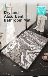 Detail of plush marble pattern bath mat showing thick absorbent high-density fibers