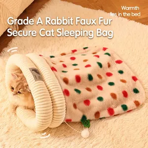 Saco de dormir para gatos con lunares y forro de piel sintética suave de conejo