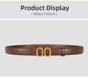 Detail of dark brown leather belt featuring matte gold double ring buckle and fine stitching