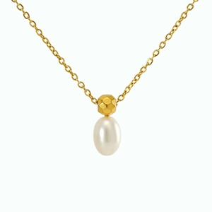 Elegant gold pearl necklace featuring a white oval pearl pendant and faceted gold bead