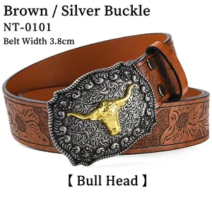 Detailed close-up of 3.8cm brown leather belt with floral embossing and bull head buckle