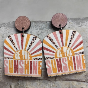 Bohemian arched wooden earrings with 'BE the SUNSHINE' slogan and sun pattern design