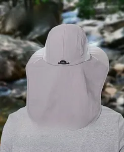 Rear view of outdoor wide brim fishing hat featuring large neck protective sun flap