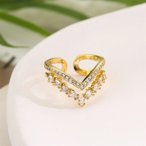 Bague en Cuivre Plaqué Or Mode Réglable Micro Pavé Zircon Géométrique Forme V Coeur Fleur Bijoux Pour Femme Bague Fête