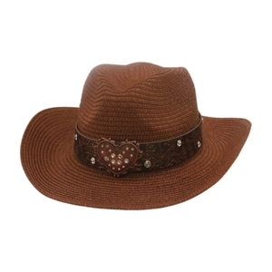 Detailed view of women's straw sun hat featuring heart-shaped rhinestone band