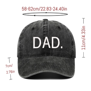 Detail view of washed cotton baseball cap with DAD embroidery and size measurements