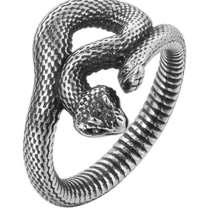 Punk style double headed snake ring with retro silver finish and detailed scale texture