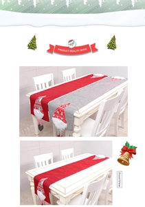 Detailed front view of red and grey Christmas gnome table runners with long legs