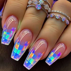 Holographic long coffin press-on nails with colorful aurora square sequins and pink base