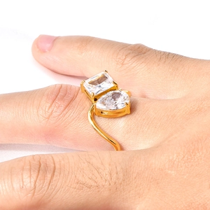 Golden 18K plated stainless steel ring with rectangular and teardrop cubic zirconia