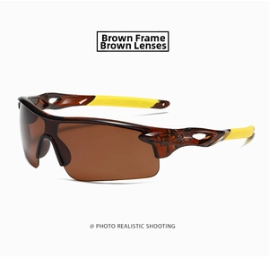 Close-up of brown semi-rimless sports sunglasses with yellow rubber anti-slip temples
